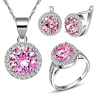 Good Luck Big Round Shape Crystal Drop Pendant Necklace, Earrings and Rings Wedding Jewelry Set for Bridal Women Birthday Anniversary T484
