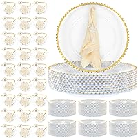 100 Pcs Clear Charger Plates Bulk Beaded Charger Plates and Napkin Rings 13 Inch Plastic Round Chargers for Dinner Plates Wedding Party Event Table Decoration(Gold)