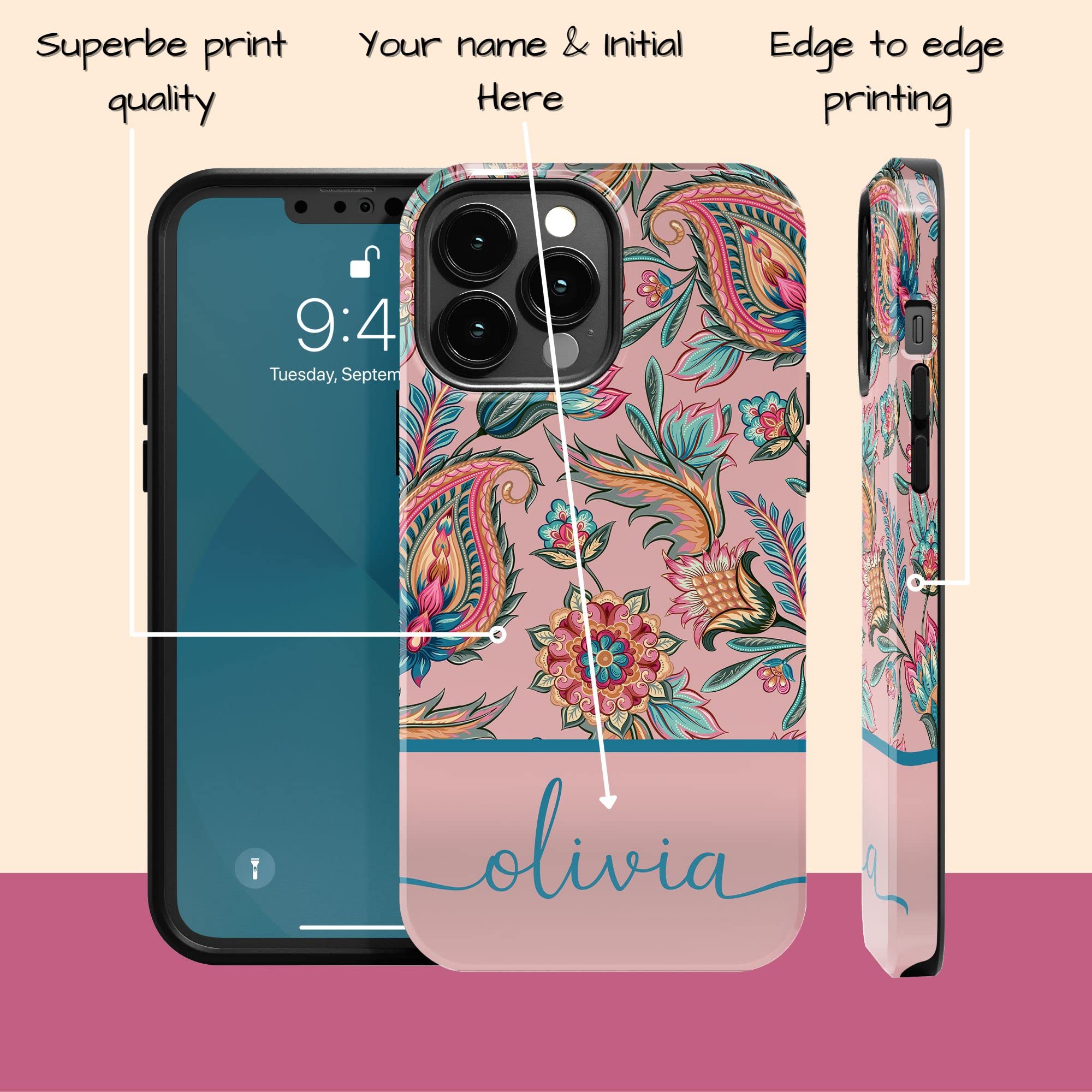 Artisticases Custom Oriental Flowers Paisley Case, Personalized Name Case Designed ‎for iPhone 15 Plus, iPhone 14 Pro Max, iPhone 13 Mini, iPhone 12, 11, X/XS Max, ‎XR, 7/8‎ SE22‎