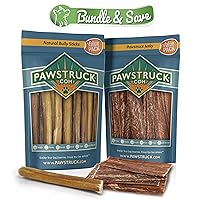 Pawstruck Natural Bully Sticks (1 lb Bulk Bag) and Beef Jerky Treats Bundle, 8-12