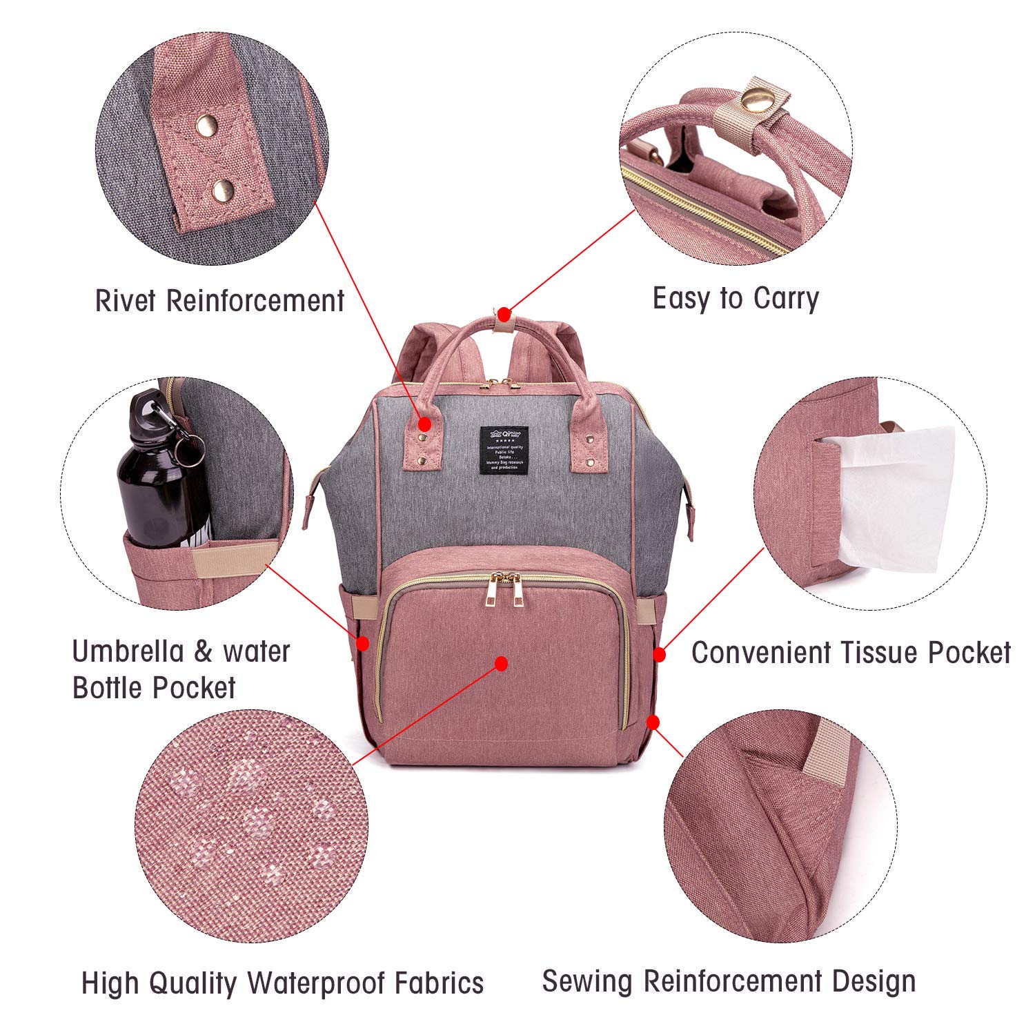 QIMIAOBABY Diaper Bag Backpack,Waterproof Multifunctional Large Travel Nappy Changing Bags… (Pink with gray)