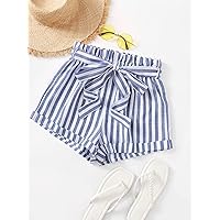 Women's Shorts Rolled Hem Self Belted Striped Shorts Shorts for Women (Size : Large)