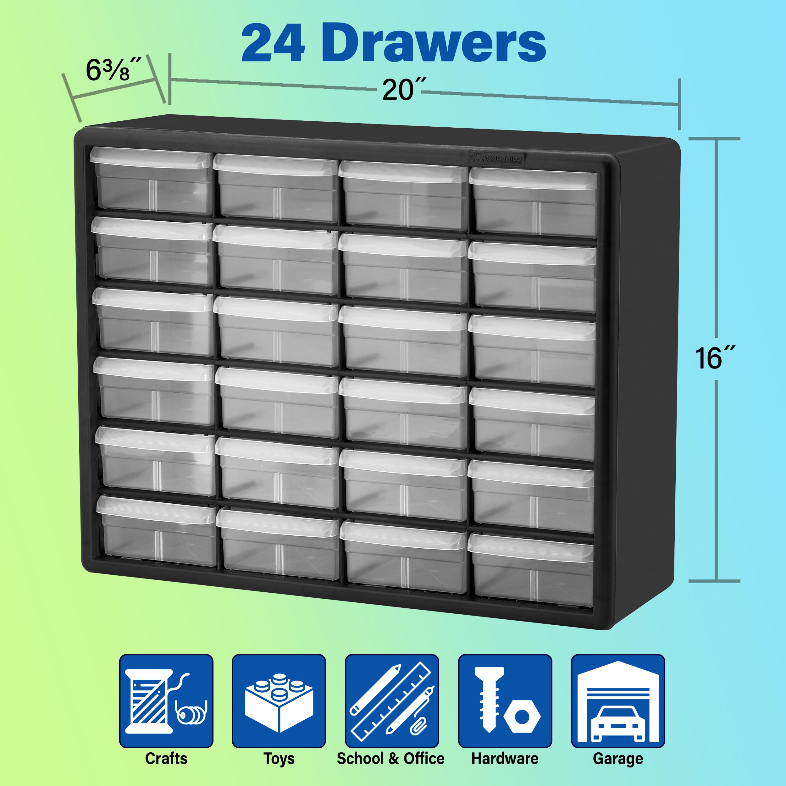 Akro-Mils 10124 24 Drawer Plastic Parts Storage Hardware and Craft Cabinet, 20-Inch W x 6-Inch D x 16-Inch H, Yellow