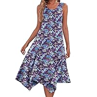 Women's Casual Spring Summer Midi Dress Asymmetric Hem Sleeveless Pocket Beach Dress Vintage Floral Print Loose Dresses