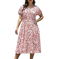 Celkuser Womens Summer Plus Size Puff Sleeve Tiered Floral Print Casual Boho Midi Beach Dresses