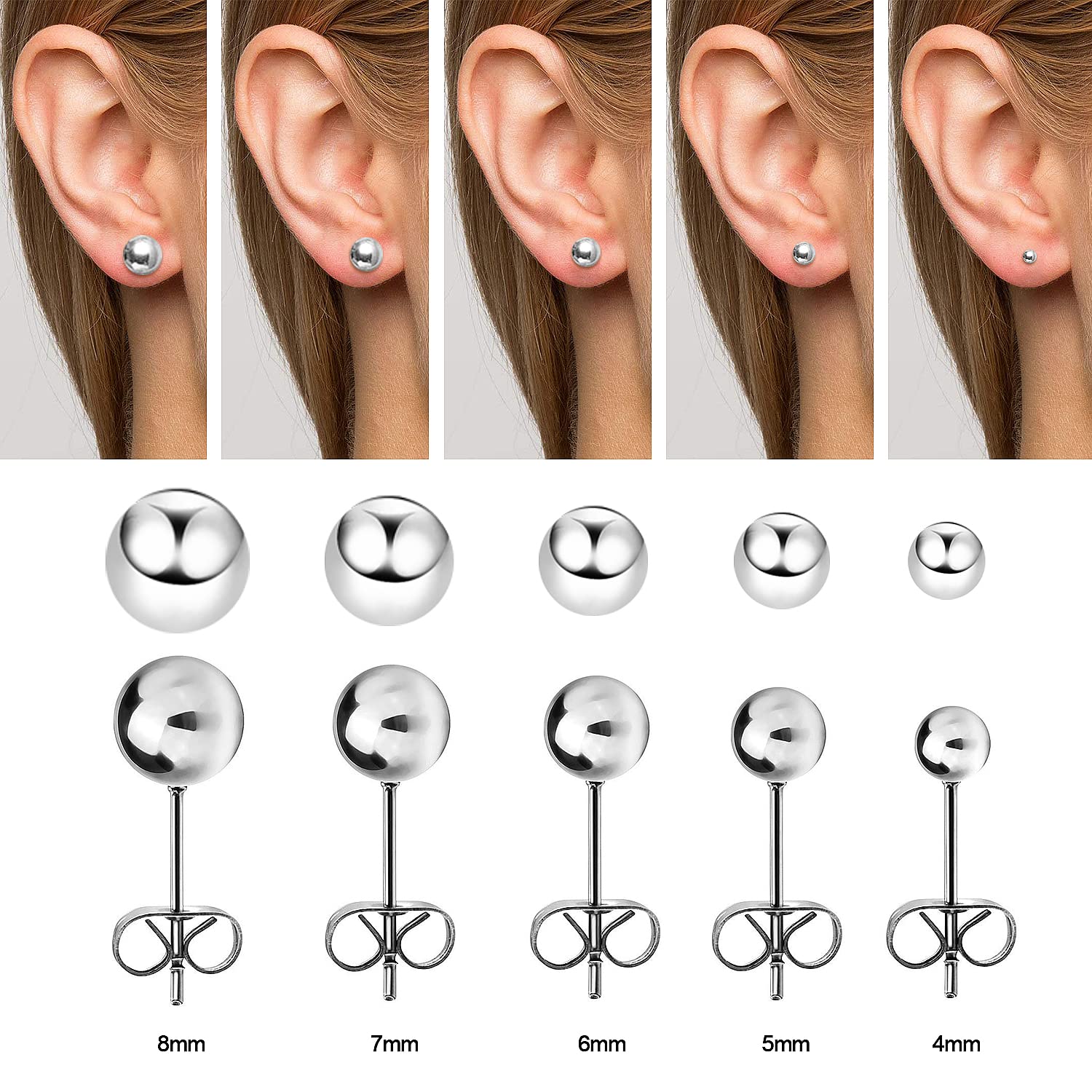 UHIBROS Hypoallergenic Studs Earrings 316L Surgical Stainless Steel Earrings Round Ball Earring for Women Men 5 Pairs Assorted Sizes(4mm-8mm)