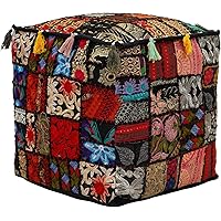 Marusthali indian ottoman pouf cover square Vintage Pouf Ottoman Cover Pouffe Foot Stool Cover Decor Embroidered Ottoman Modern Style for Living Room (22 x 22 x 22 Inch, Black)