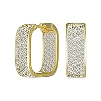 Holiday Bridal Micro Pave CZ Inside Out Wide Rectangle Criss Cross Huggie Hoop Earrings For Women Wedding Prom Formal Party Yellow 14K Gold Silver Plated Hinge Style