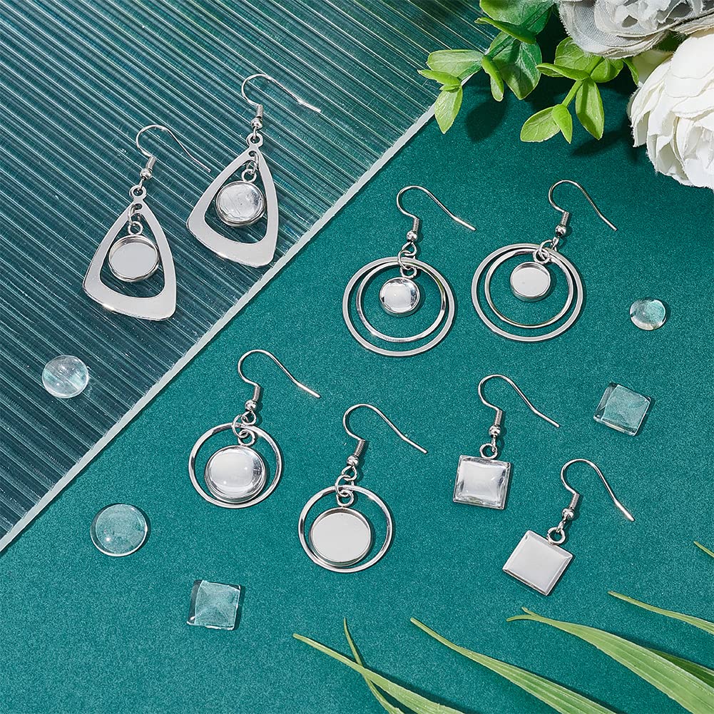 UNICRAFTALE 12 Pairs 4 Styles Glass Blank Dome Dangle Earrings 304 Stainless Steel Earring Bezel Settings Triangle Ring Square Cabochon Base Trays DIY Ear Hooks Findings for Jewelry Making
