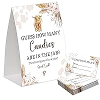 Boho Cow Guess How Many Candies Are in the Jar Game for Baby Shower, Pack of One 5x7 Sign and 50 Guessing Cards, Cow Baby Shower Decoration, Gender Neutral Party Supplies - GC05