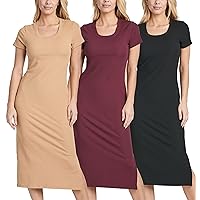 3 Pack: Women's Ribbed Jersey Crew Neck Short Sleeve Midi Length Dress with Side Slit