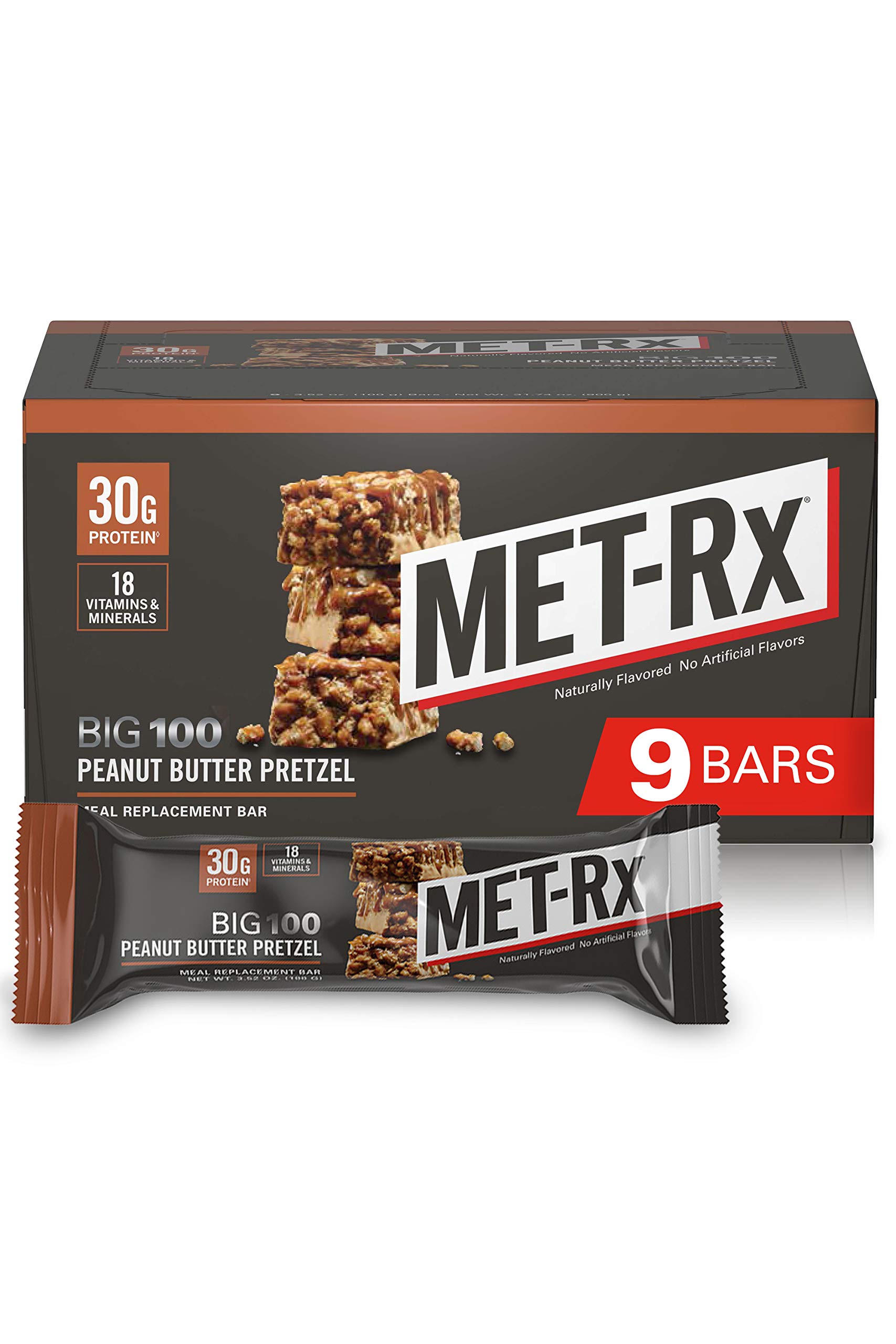MET-Rx Big 100 Colossal Protein Bars, Great as Healthy Meal Replacement, Snack, and Help Support Energy, Peanut Butter Pretzel, With Vitamin A, Vitamin C, and Zinc, 100 g, (Pack of 9)