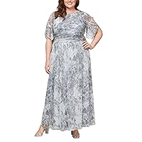 S.L. Fashions Women's Long Printed Dress with Ruched Waist and Cold Shoulder Sleeves (Plus Size)