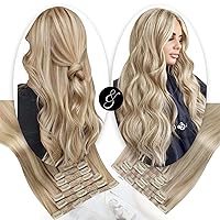 Moresoo Clip in Hair Extensions Blonde Highlight and Seamless Hair Extensions Clip in Human Hair Blonde Highlight 7pcs/120g 18inch Bundle