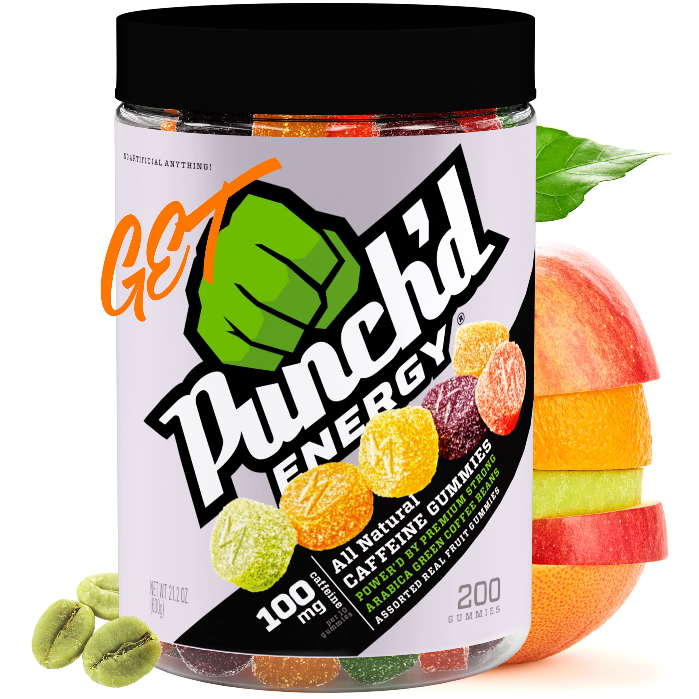 Punch'd Energy, All Natural Caffeine Gummies, 200 Count Value Jar, 100mg of Caffeine per 10 Gummies, Clean Label, Ultra Low Glycemic, Low Calorie, Vitamin C