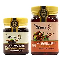 Bundle of Mujeza Black Seed Raw Honey (Black Cumin-Nigella Seeds 250g/8.8oz) & Mountain Sidr Raw Honey (500g/17.6oz)-100% Organic Honey Unheated, Unfiltered and Unpasteurized Gluten Free Pure Honey
