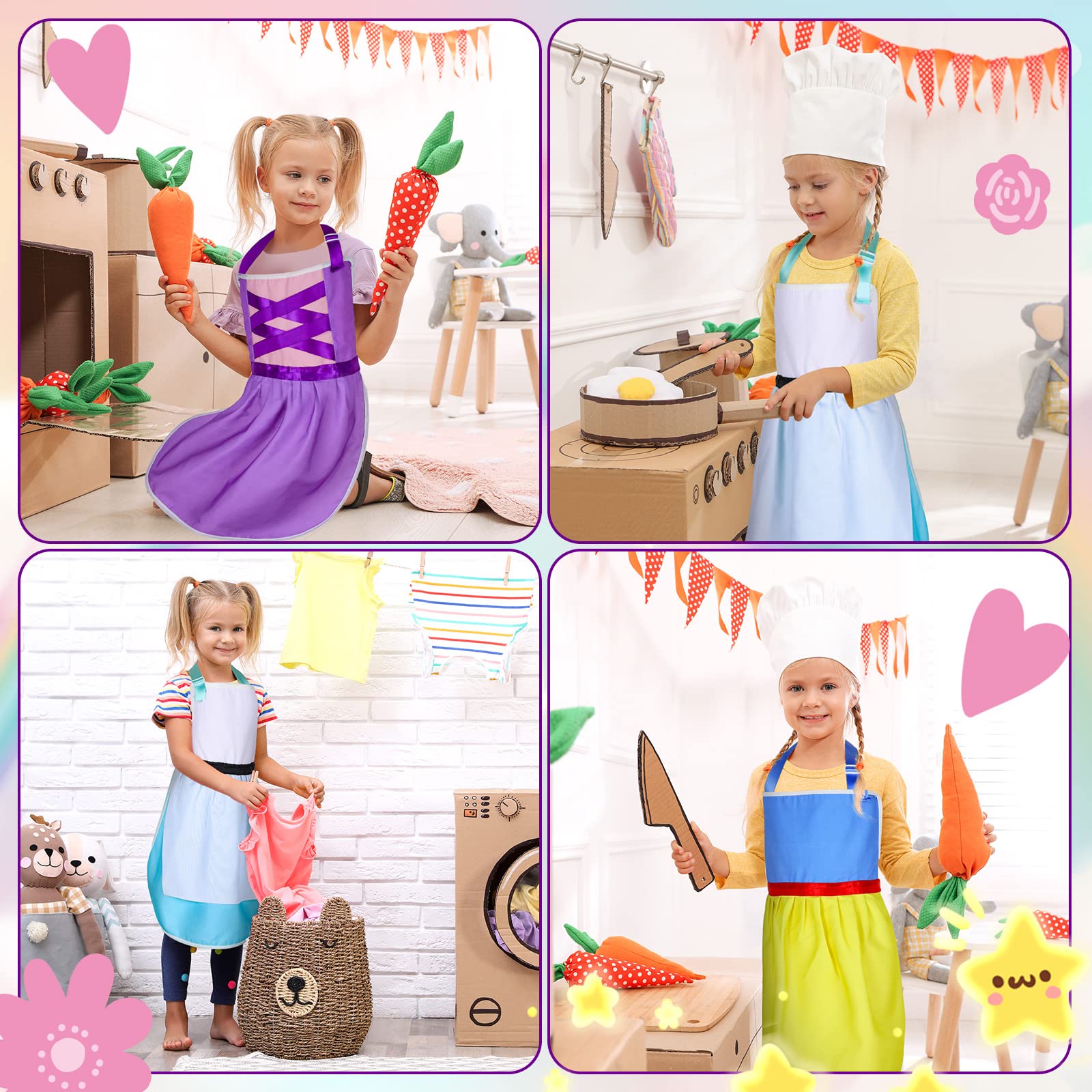 3 Pieces Child Apron for Girls Kid Toddler Aprons Princess Kitchen Chef Apron Art Smock Adjustable Cute Apron for Artist Painting Cooking Baking Gardening Kitchen Supplies, Yellow Purple White Blue