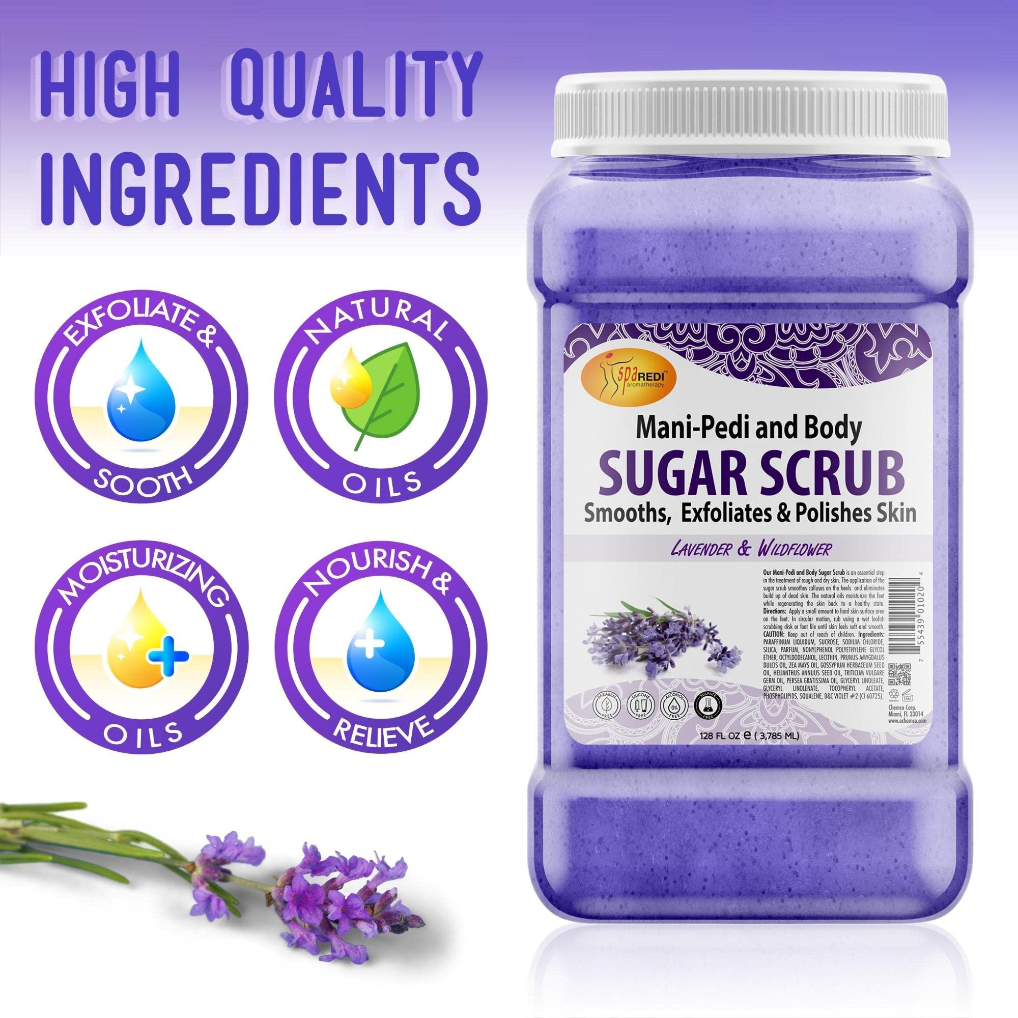 SPA REDI – Sugar Body Scrub, Lavender and Wildflower, 128 Oz Exfoliating, Moisturizing, Hydrating and Nourishing, Glow, Polish, Smooth and Fresh Skin - Body Exfoliator