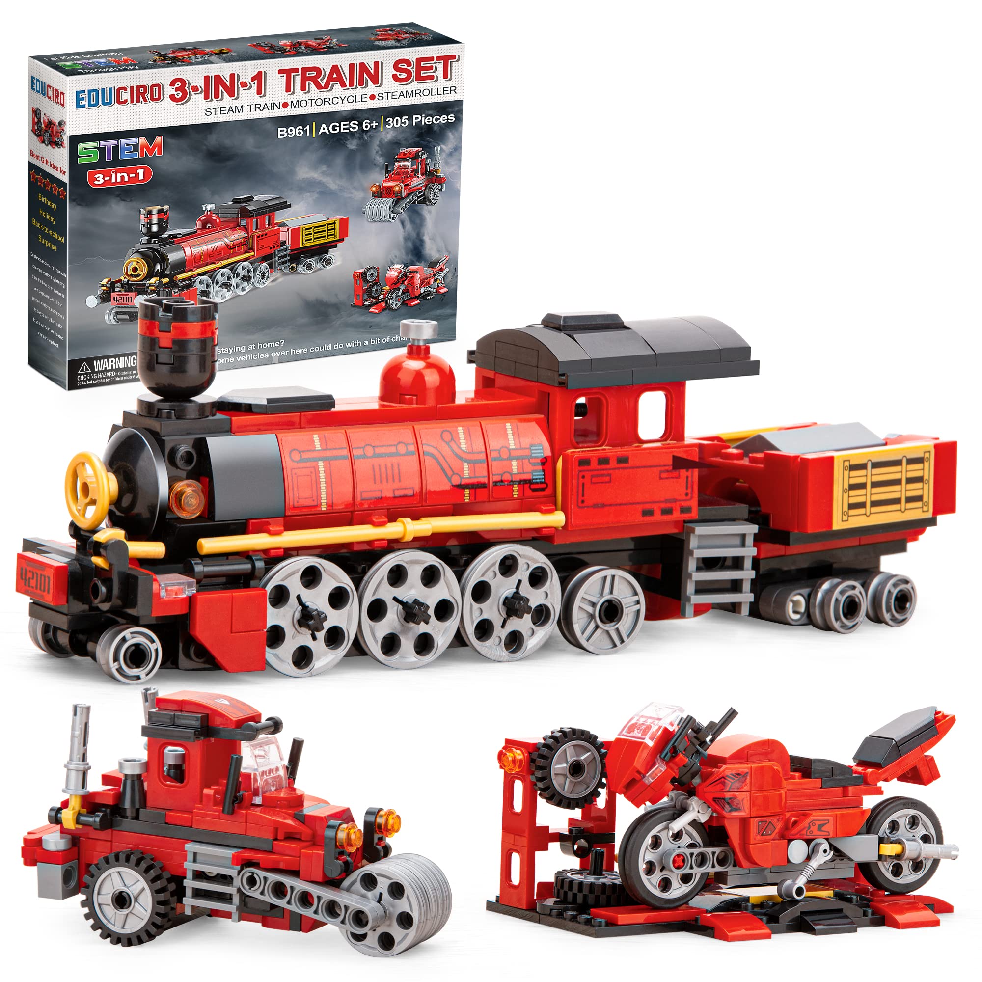 EDUCIRO Harry Train Toys 3in1 Building Kit (305 Pieces), Interactive Gifts Creator Sets Featuring Motorcycle and Steamroller for Boys, Girls, and Kids Ages 6+