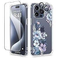 GVIEWIN for iPhone 15 Pro Max Case Floral,with Screen Protector & Camera Lens Protector, Hard PC + TPU Bumper Shockproof Protective Clear Flower Women Phone Cover 6.7