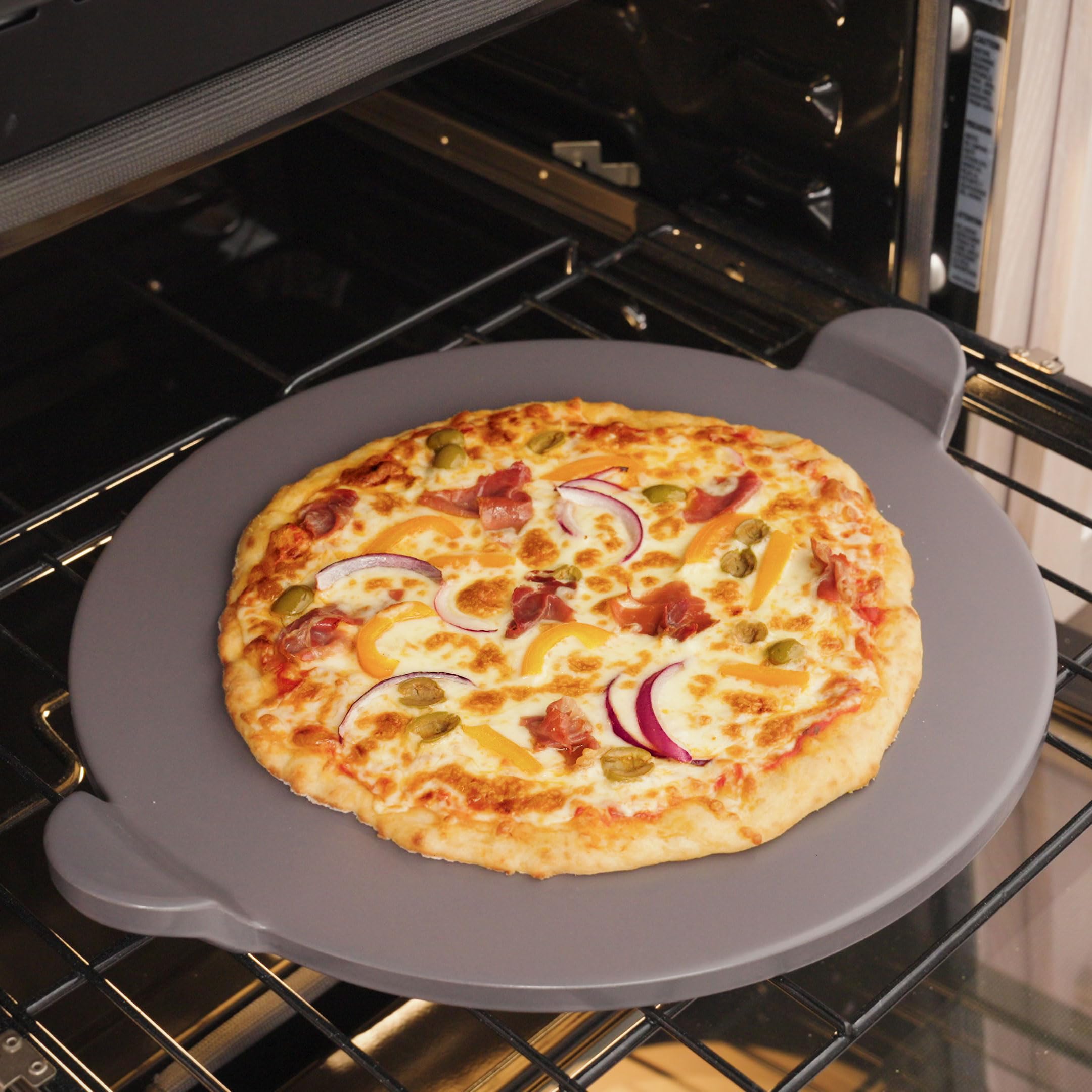 Old Stone Pizza Kitchen Glazed Round Pizza Stone with Handles for Oven and Grill, 13 inch