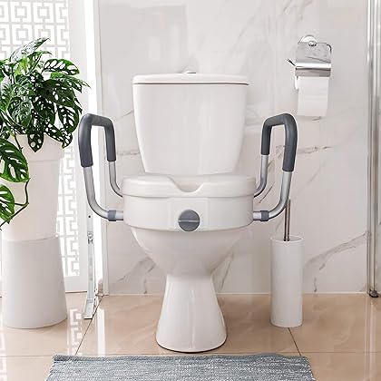 RMS Raised Toilet Seat - 5 Inch Elevated Riser with Adjustable Padded Arms - Toilet Safety Seat for Elongated or Standard Commode