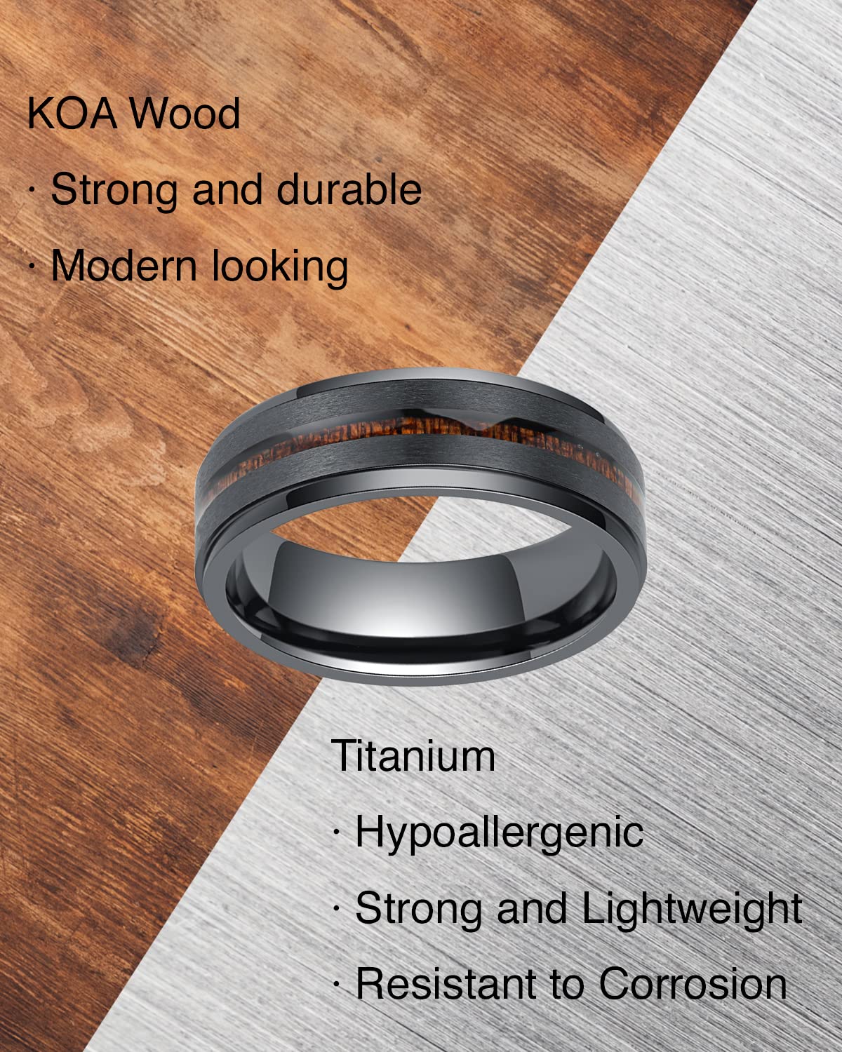 LerchPhi 8MM Mens Wedding Band Black Zirconium Ring KOA Wood Inlay Stepped Edge Unisex Promise Ring for Him and Her