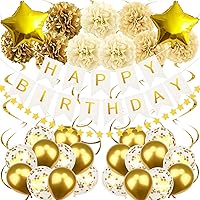 Recosis Gold Birthday Party Decorations, Happy Birthday Banner Paper Pompoms Confetti Balloons Garland for Boys Gilrs Women Men 6th 18th 21th 30th 40th 50th 60th 70th Birthday Decorations
