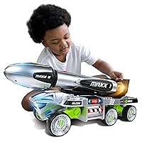 Sunny Days Entertainment Maxx Action 3-N-1 Blast Off Booster Rocket – Lights, Sounds and Motorized Drive | Includes Transport Vehicle, Rocket and Capsule | Space Toy for Kids