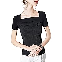 Women's Fashion Tops Sexy Square Collar Short Sleeve Pleated Patchwork Blouses Ladies Daily Elegant Work Shirts