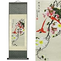 AtfArt Asian Wall Decor Beautiful Silk Scroll Painting 4 Birds and Flowers - Ice Clear Jade Clean Oriental Decor Chinese Art Wall Scroll Wall Hanging Painting Scroll (36.2 x 12 in)