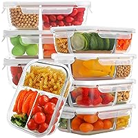 Bayco 8 Pack Glass Meal Prep Containers 3 Compartment, Glass Food Storage Containers with Lids, Airtight Glass Lunch Bento Boxes, BPA-Free & Leak Proof (8 lids & 8 Containers) - White