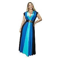 Elegant Short Sleeve Maxi Dress for Plus Size Women with Blue Black Stipe Blocks and Long Slimming A Line XL1x 2X 3X