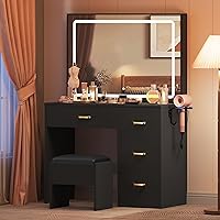 DWVO Makeup Vanity Table, Vanity Desk Set with Large Mirror and LED Lights, Brightness Adjustable, Vanity with 4 Drawers, Bedroom Vanity Table with Cushioned Stool for Women Girls, Charcoal Black