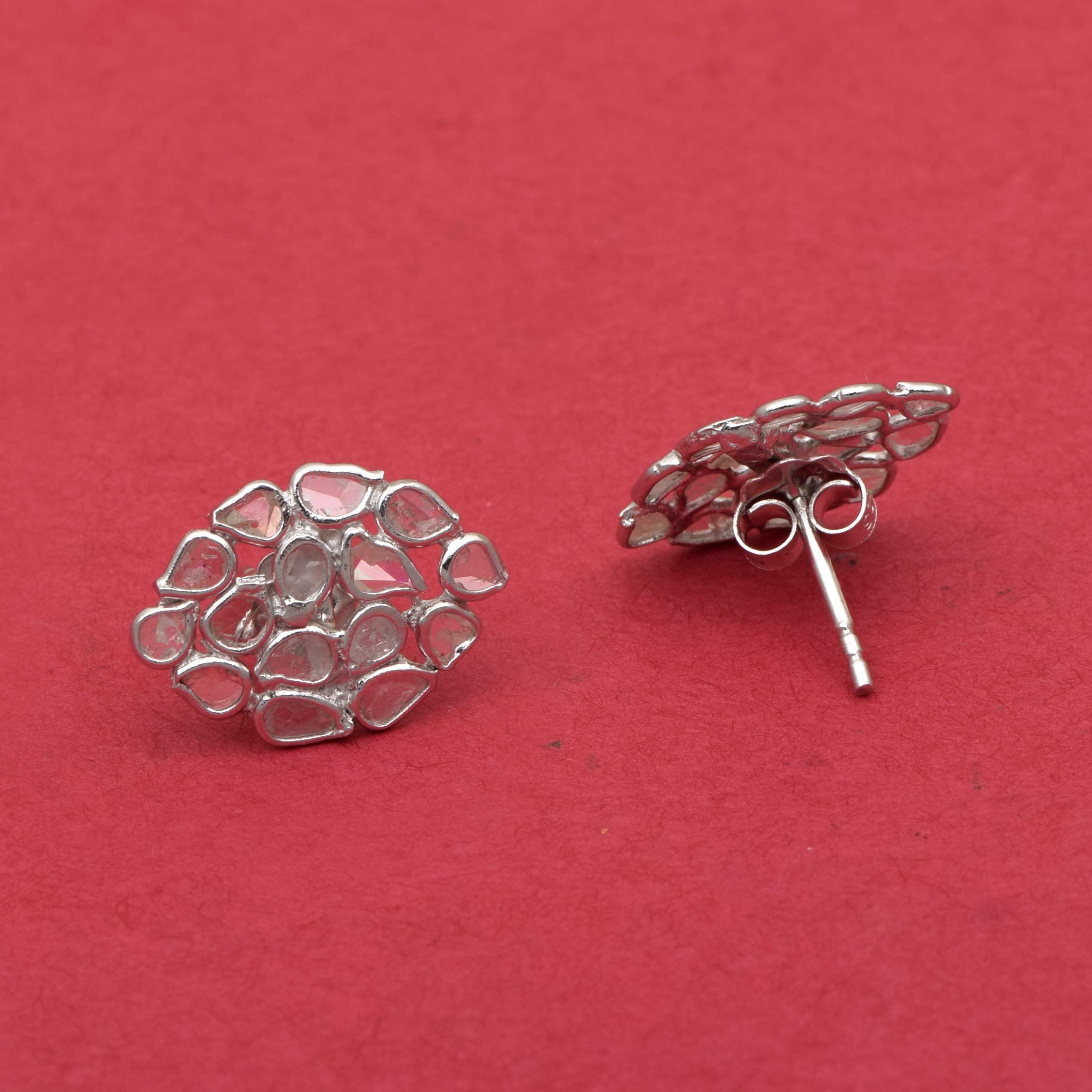1.20 CTW Natural Uncut slice diamond polki tinny designer stud earrings - 925 sterling silver platinum plated