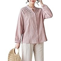 Women's V Neck Cotton Linen Embroidery Tunic Long Tops Button Down Blouses
