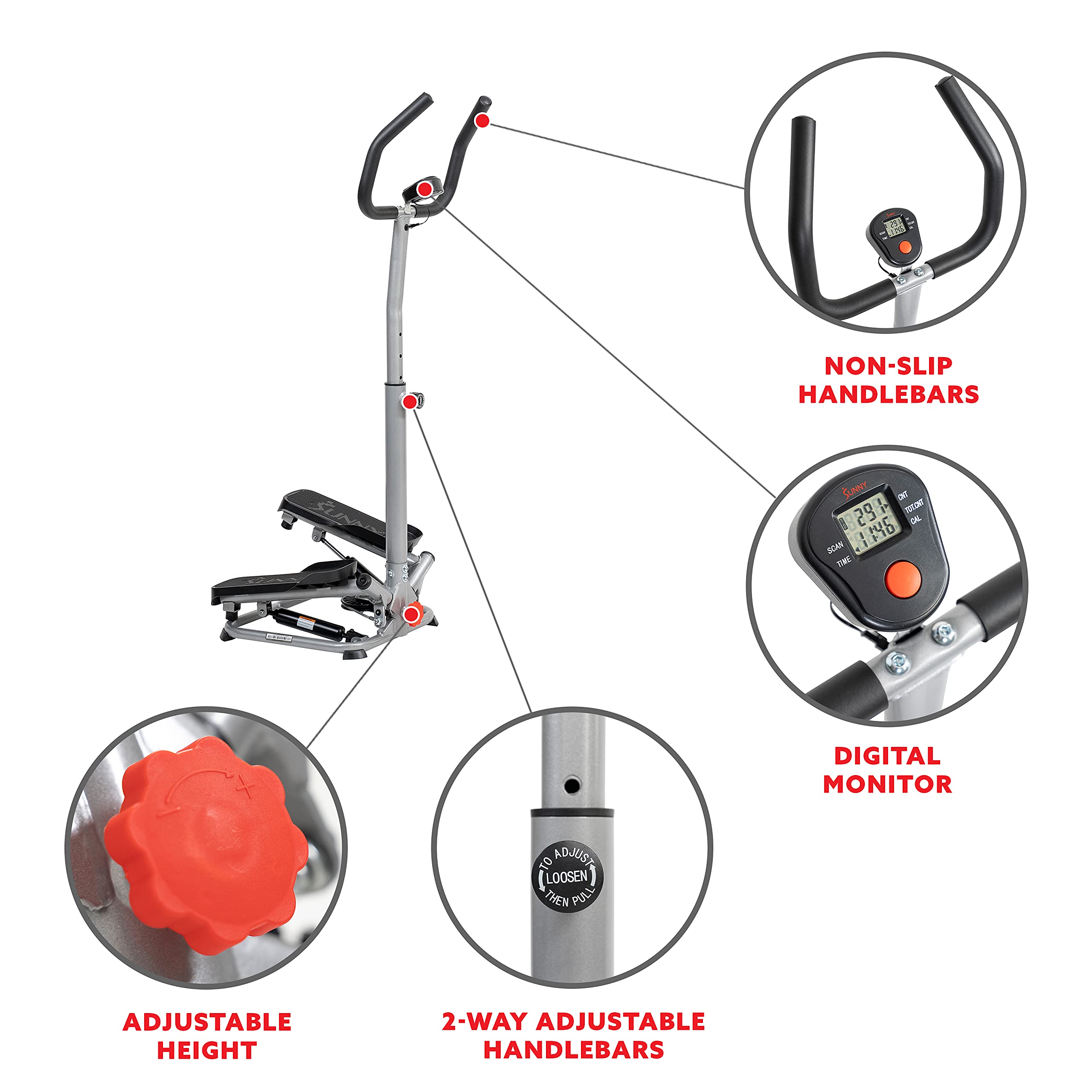 Sunny Health & Fitness Twisting Stair Stepper Machine with Handlebar and Digital Display