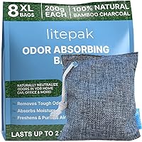 Litepak Activated Charcoal Bags Odor Absorber, (8 Pack, Large), Bamboo Charcoal Air Purifying Bag, Natural Car Air Purifier, Closet Deodorizer, and Odor Eliminator For Home (8x200g)