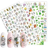 Graffiti Fun Nail Art Stickers,Abstract Face Nail Decals 3D Self-Adhesive Nail Design DIY Nail Art Supplies Flower Leaves Rose Summer Designer French Nail Stickers for Women Girls 5 Sheets