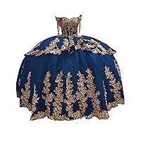 Queen Sequin Sleeve Off Shoulder Ball Gown Prom Party Dress Gold Lace Embellishment V Neck Quinceanera