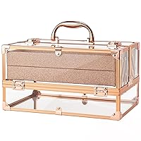 Makeup Train Case 11.8 INCH Cosmetic Storage Box Acrylic Makeup Organizer Portable 4 Trays Makeup Display Case for Stylist Makeup Artist Craft Traveling Case Organizer Rose Gold