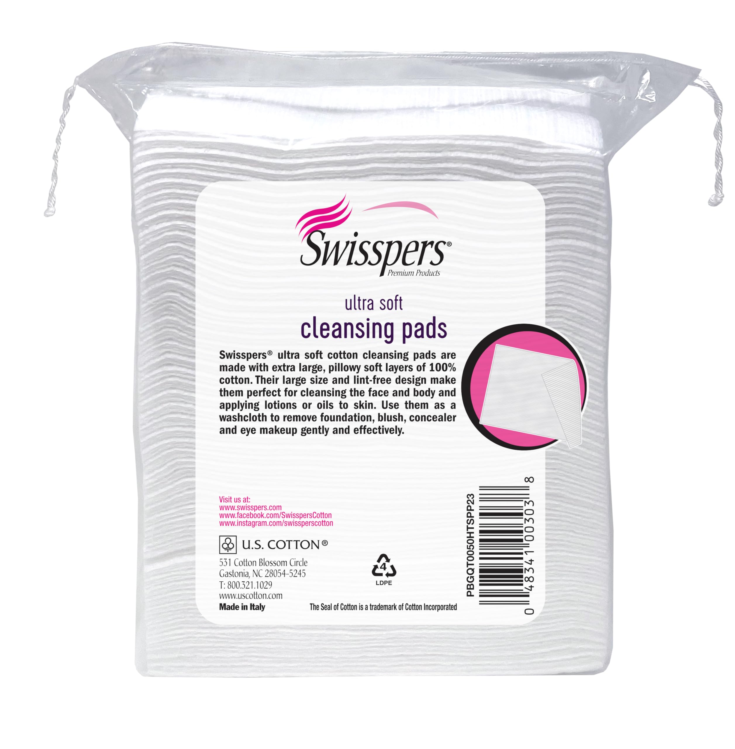 Swisspers Premium Facial Cleansing Pad, 100% Cotton, Ultra Soft, Extra Large, 50 White Pads per Reclosable Bag, 3 Bags (150 Pads Total)