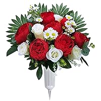 Artificial Flowers for Cemetery with Vase,Cemetery Flowers for Grave Vase,Florist Create Memorial Tombstone Bouquet:Red Peony,White Rose Mix Arrange,Weather Resistant,Easy use