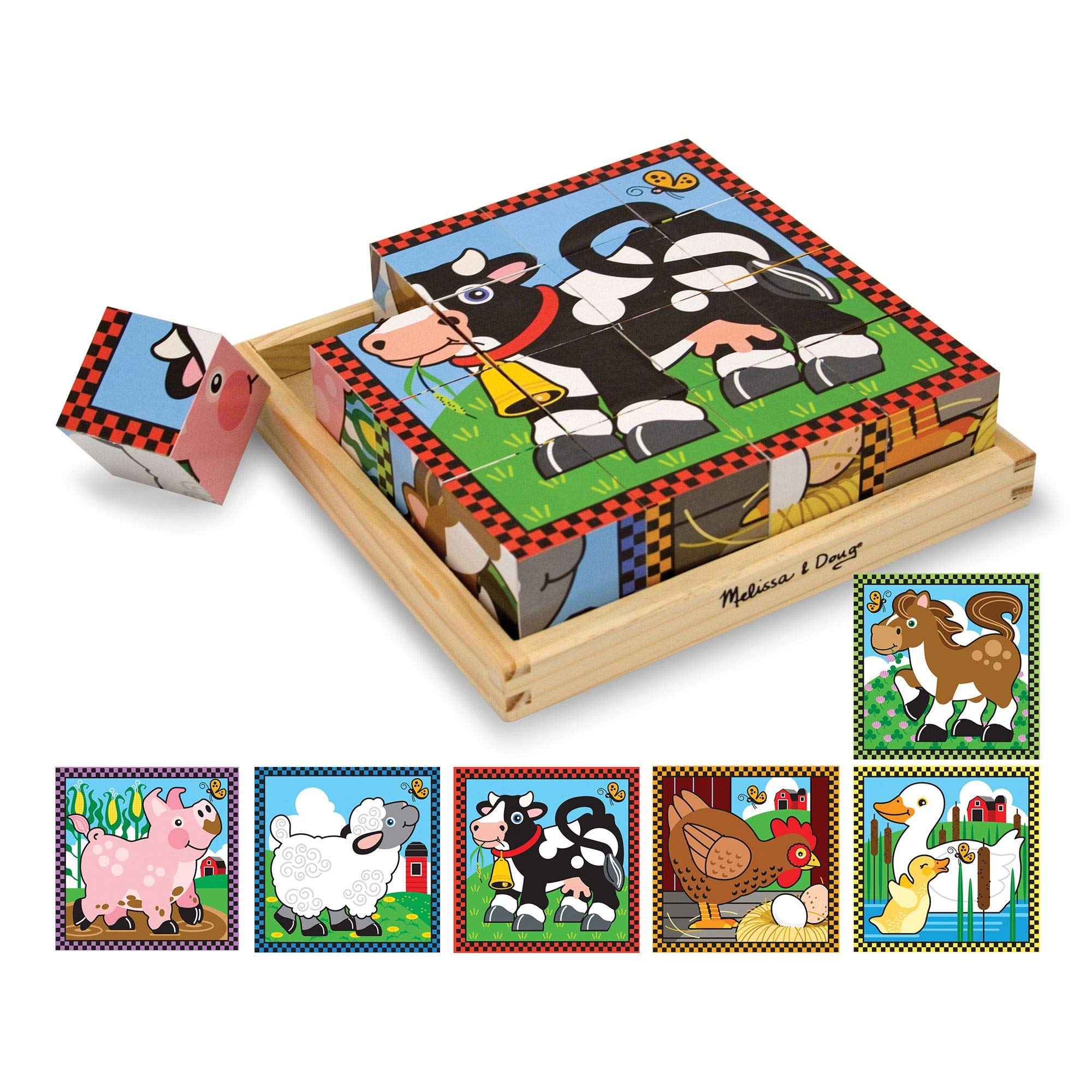 Melissa & Doug Farm Wooden Cube Puzzle With Storage Tray - 6 Puzzles in 1 (16 pcs) - Toddler Animal Puzzle -FSC-Certified Materials