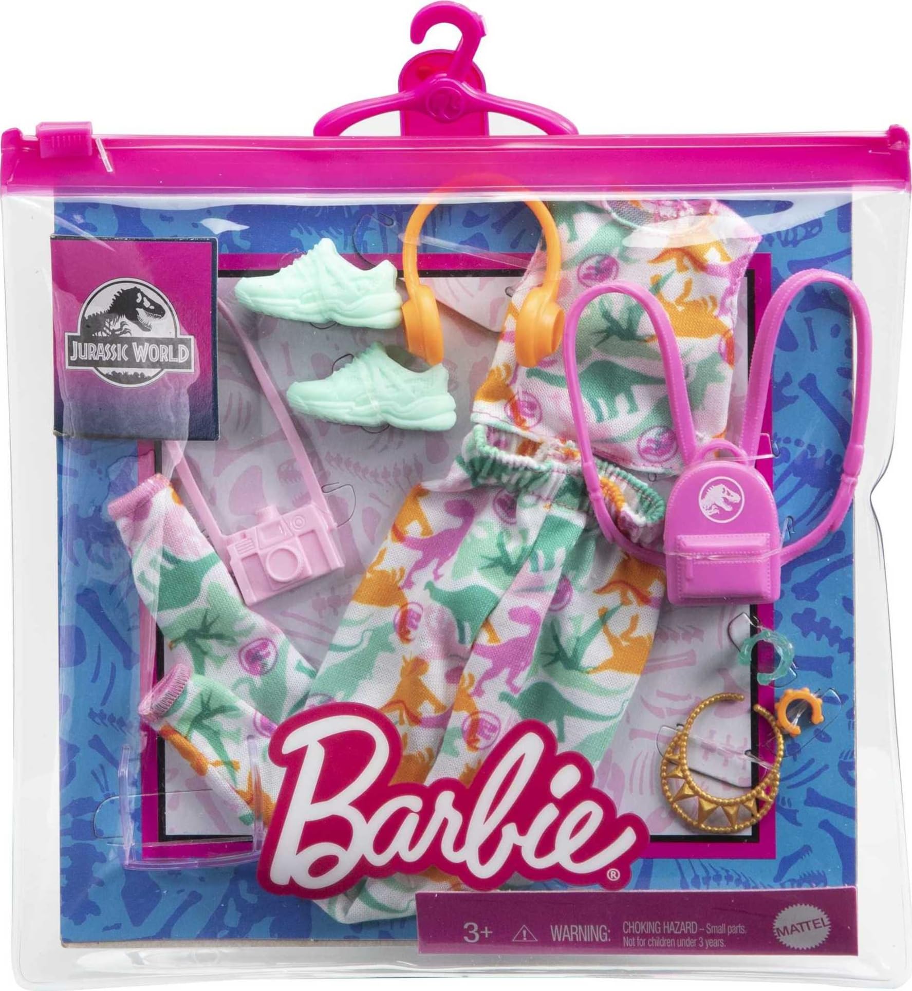 Barbie Clothing & Accessories Inspired by Jurassic World with 10 Storytelling Pieces for Barbie Dolls: Sleeveless Crop Top & Jogger Pants, Backpack, Camera, Headphones, Sunglasses & More