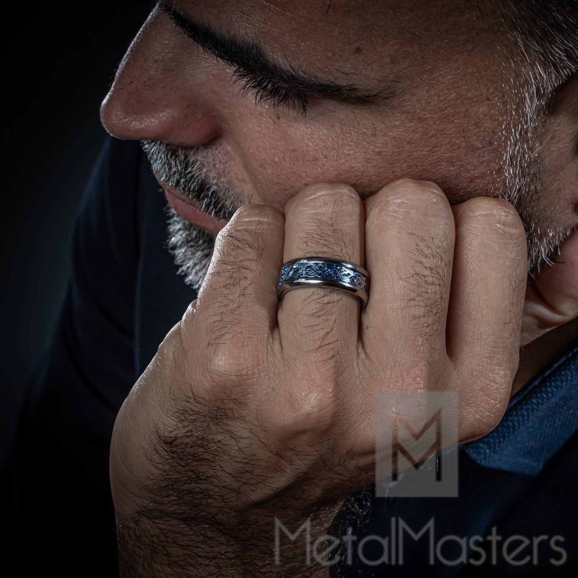 Metal Masters Co. Men's Titanium Wedding Ring Band with Dragon Design Carbon Fiber Inlay Cubic Zirconia
