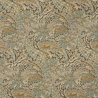 A0125A Tan Beige Brown and Teal Floral and Paisley Woven Solution Dyed Indoor Outdoor Upholstery Fabric by The Yard- Closeout