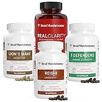 Real Mushrooms RealClarity (60ct), Lions Mane (120ct), Reishi (90ct) & 5 Defenders (90ct) Capsules - Mushroom Supplement for Cognitive Health, Longevity, Relaxation & Immune Support - Vegan, Non-GMO