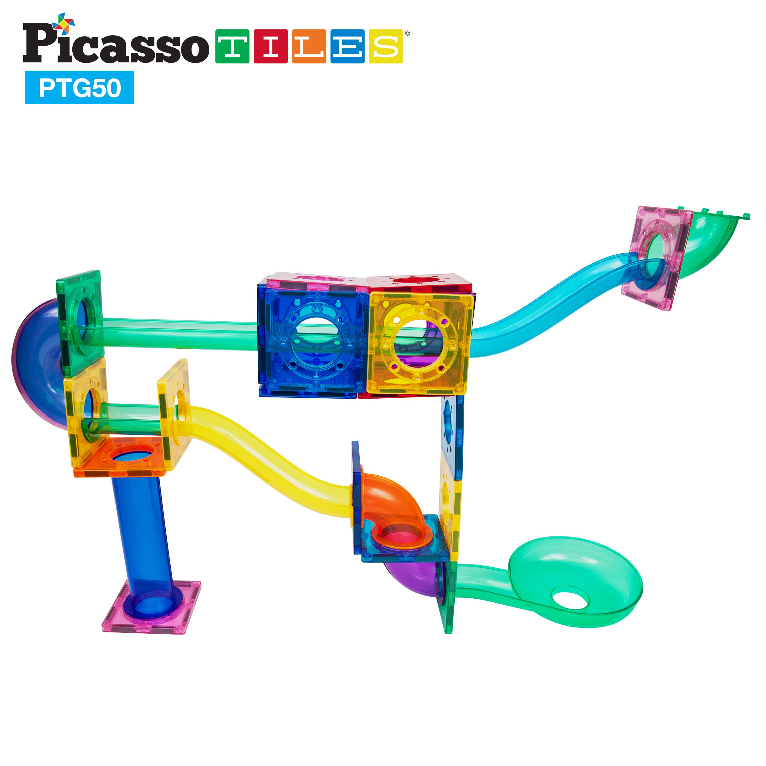 PicassoTiles 50PC Marble Run + 50PC Magnetic Race Car Track, Fun & Creative Playset: STEAM Learning, Enhance Construction Skills, Hand-Eye Coordination and Fine Motor Skills, Gift for Boys and Girls