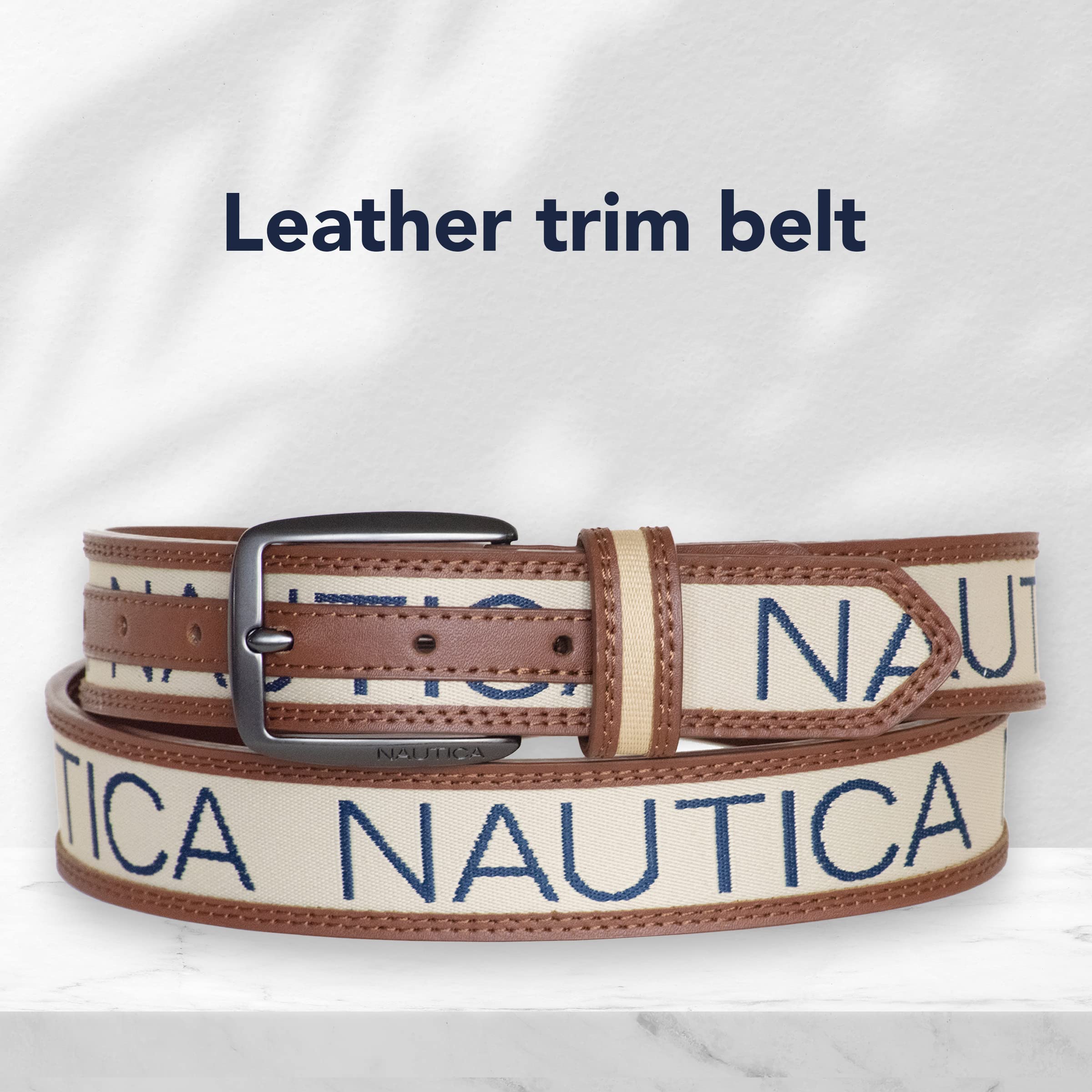 Nautica Men's Signature Logo Ribbon with Leather Trim Belt
